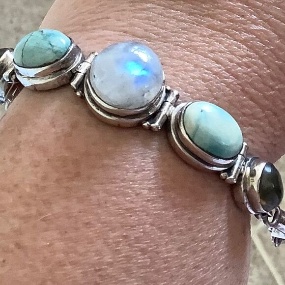 sterling SILVER VINTAGE MOON/LABRADORITE/LARIMAR STONE BRACELET​ - Picture 1 of 10